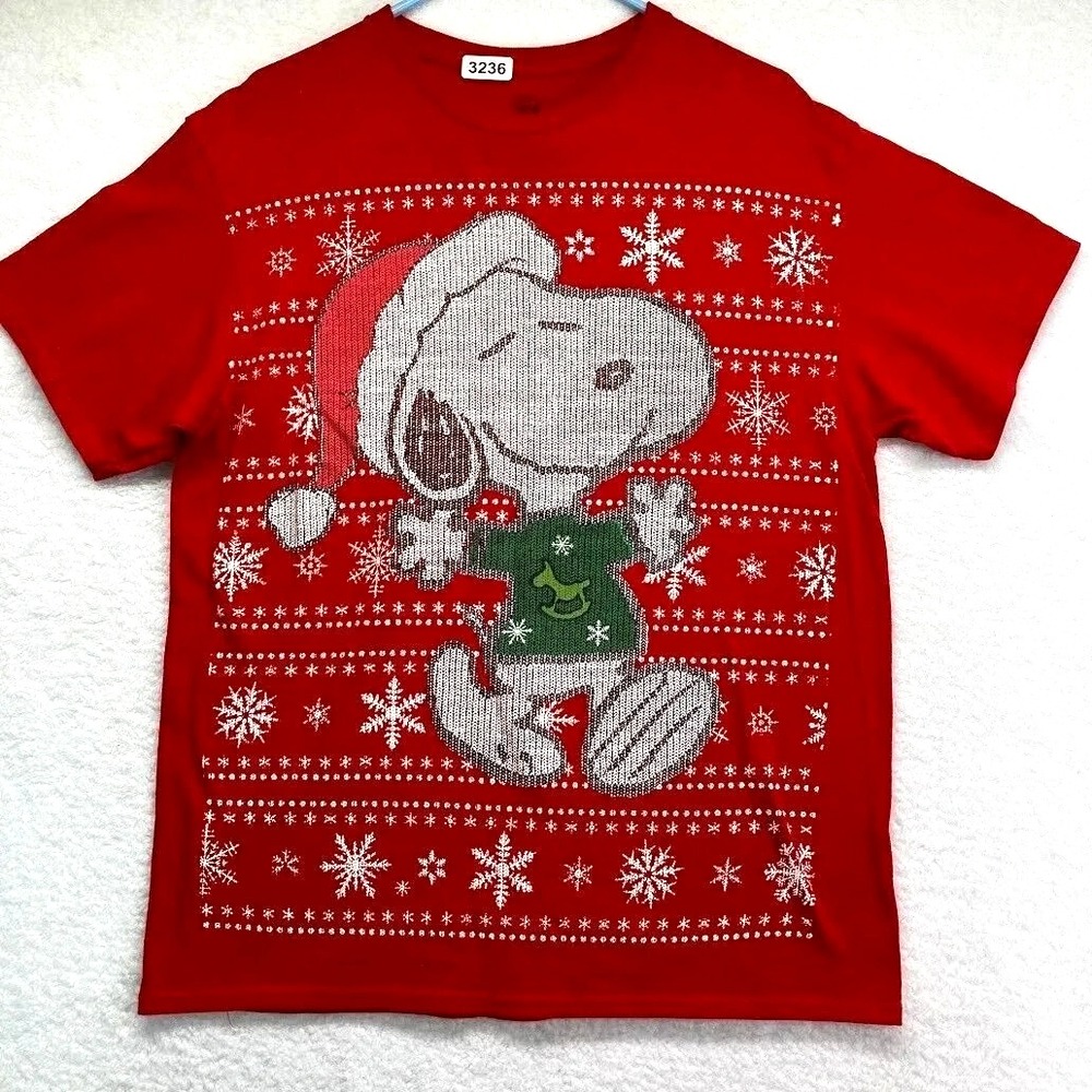 Snoopy Christmas Shirt Mens Large Red Peanuts Ugly Sweater Graphic Tee Holiday